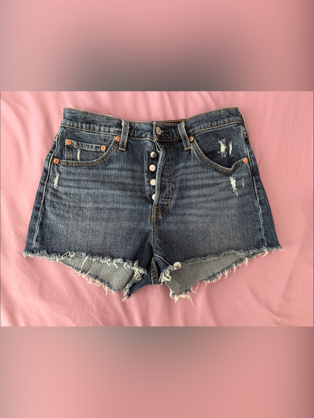 Levi's Dark Blue Distressed High-Rise Jean Shorts